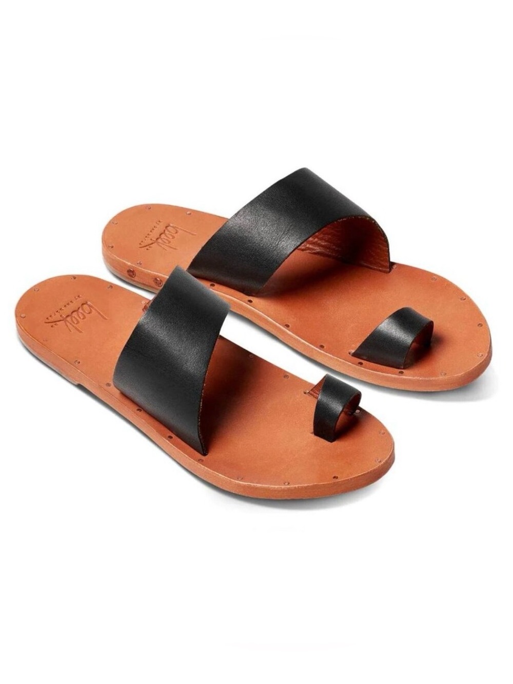 beek Finch Black and Tan Leather Toe Ring Sandals